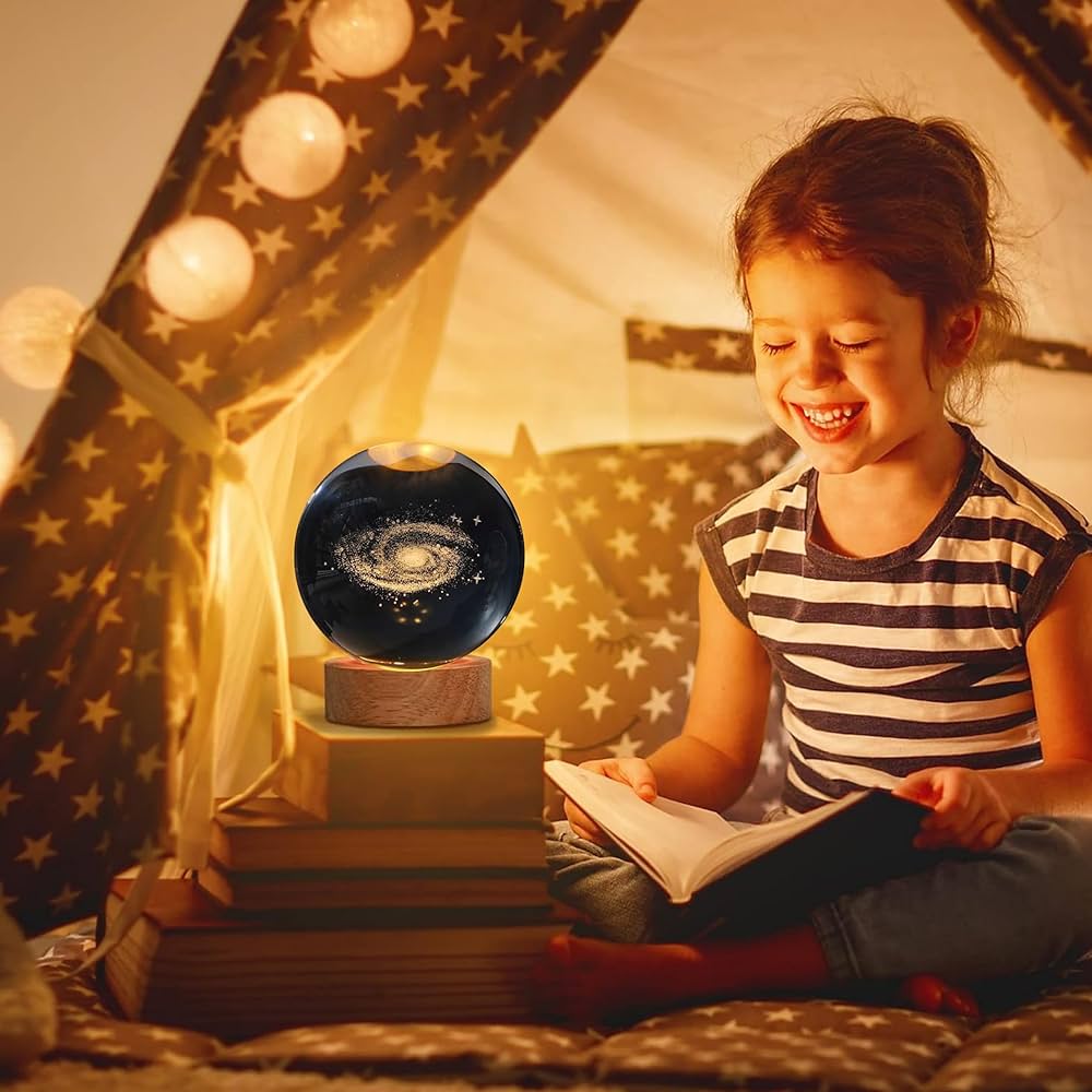 3D Galaxy Crystal Ball Night Lamp | Engraved USB Table LED Wooden Light for Home Office Decoration and Birthday Gift.