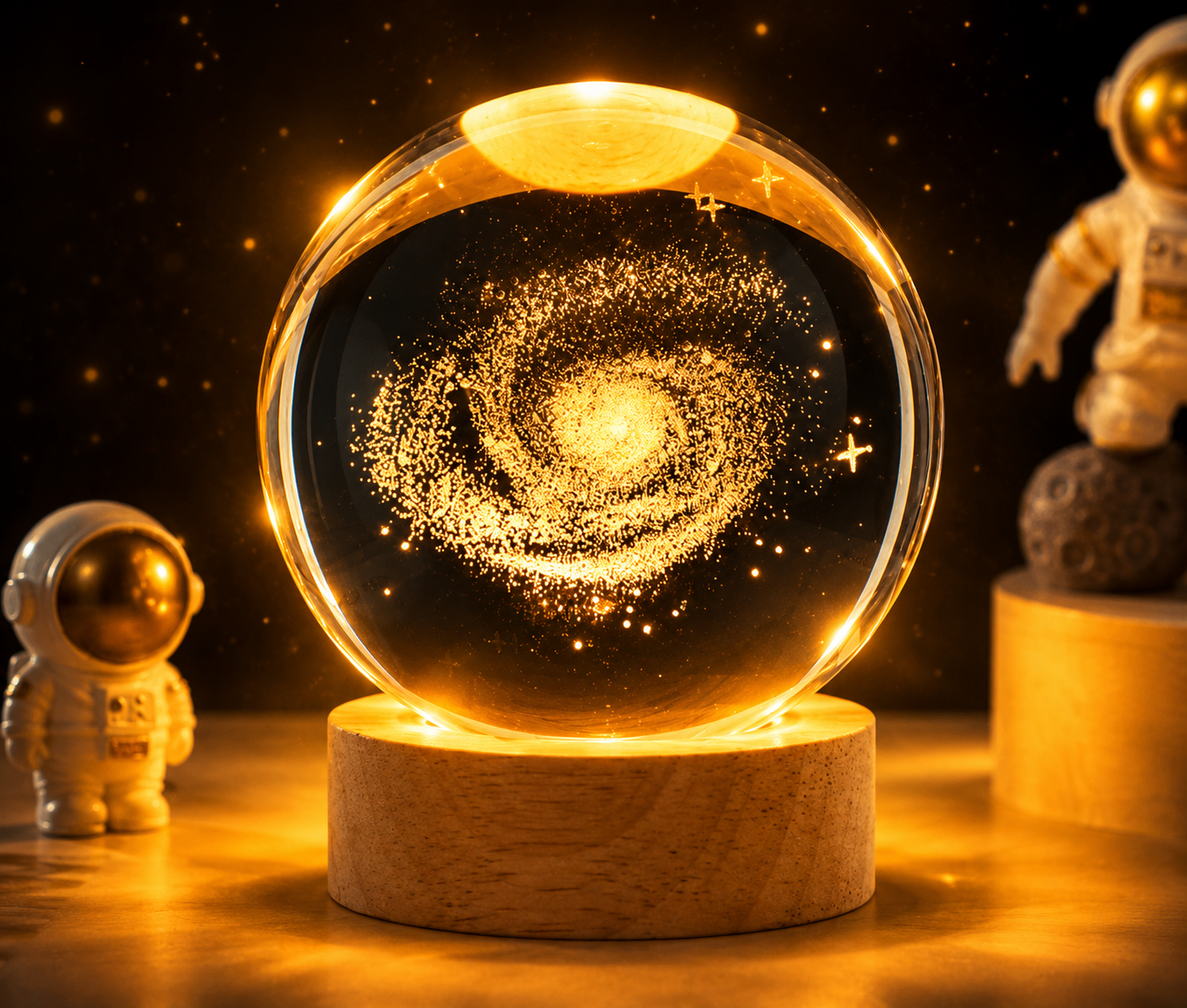 3D Galaxy Crystal Ball Night Lamp | Engraved USB Table LED Wooden Light for Home Office Decoration and Birthday Gift.