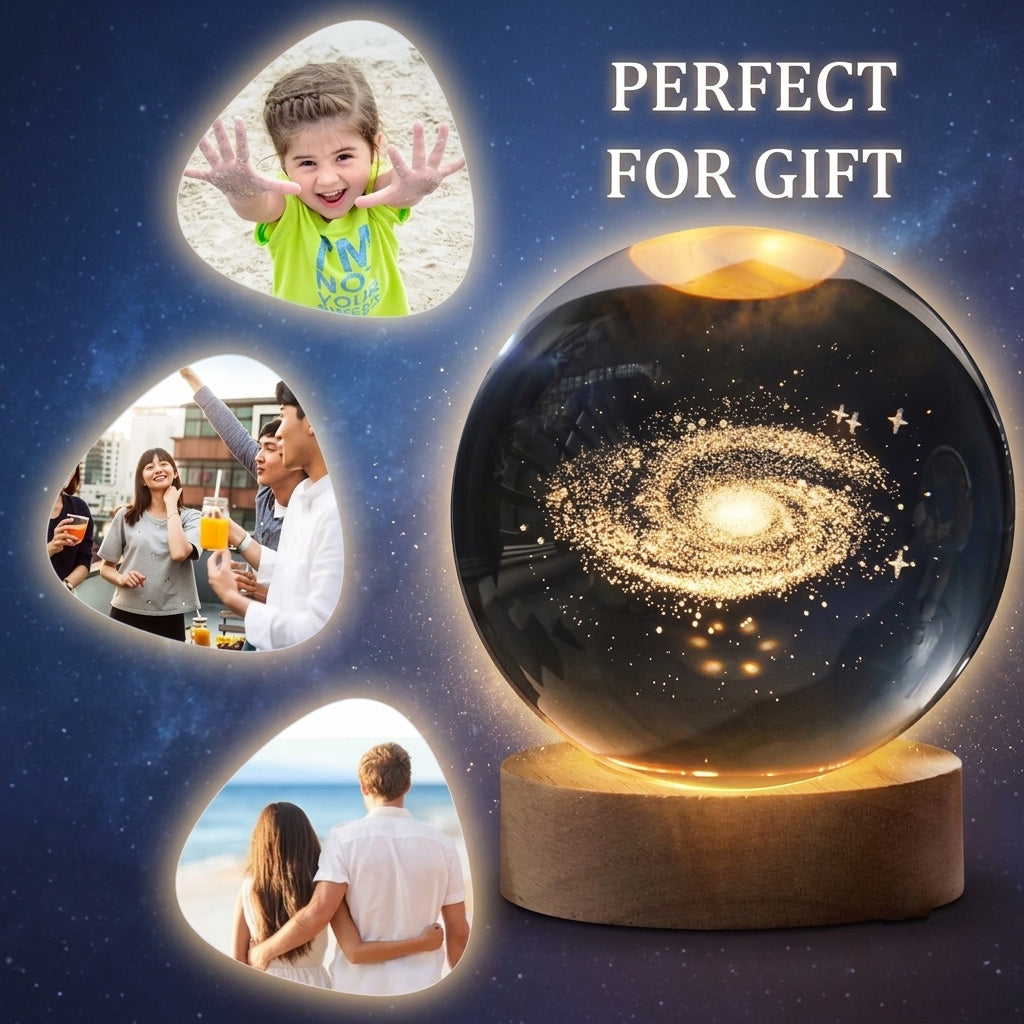 3D Galaxy Crystal Ball Night Lamp | Engraved USB Table LED Wooden Light for Home Office Decoration and Birthday Gift.