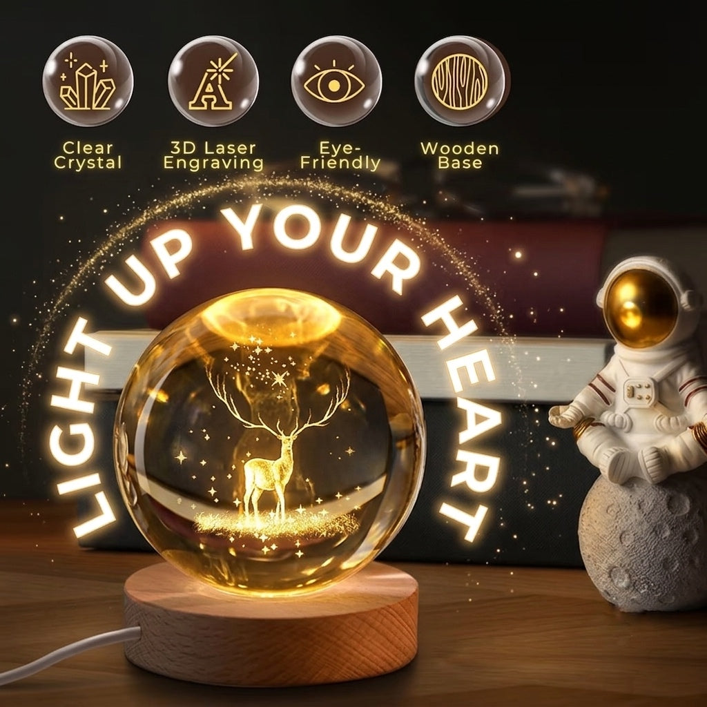 Desidiya Deer 3D Crystal Ball Night Light with Wooden Base - LED USB Table Lamp for Kids,