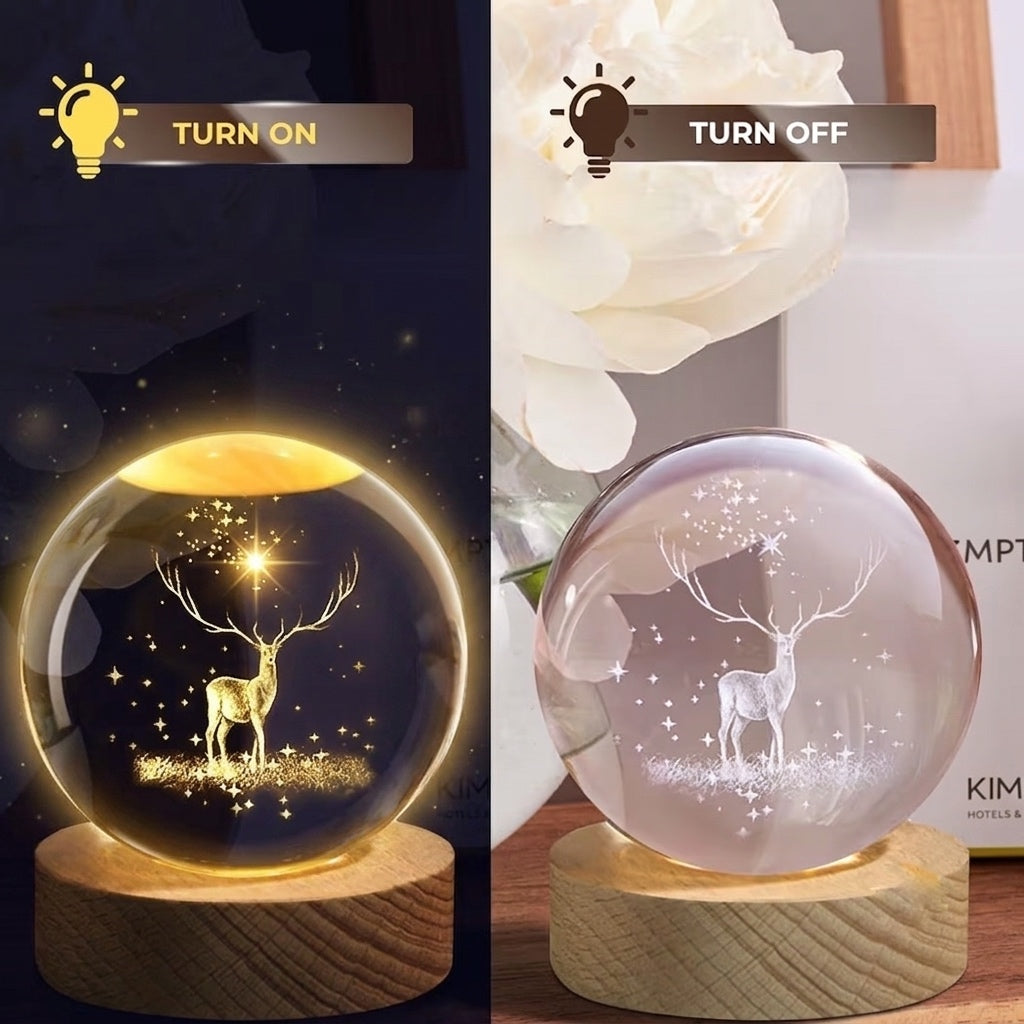 Desidiya Deer 3D Crystal Ball Night Light with Wooden Base - LED USB Table Lamp for Kids,