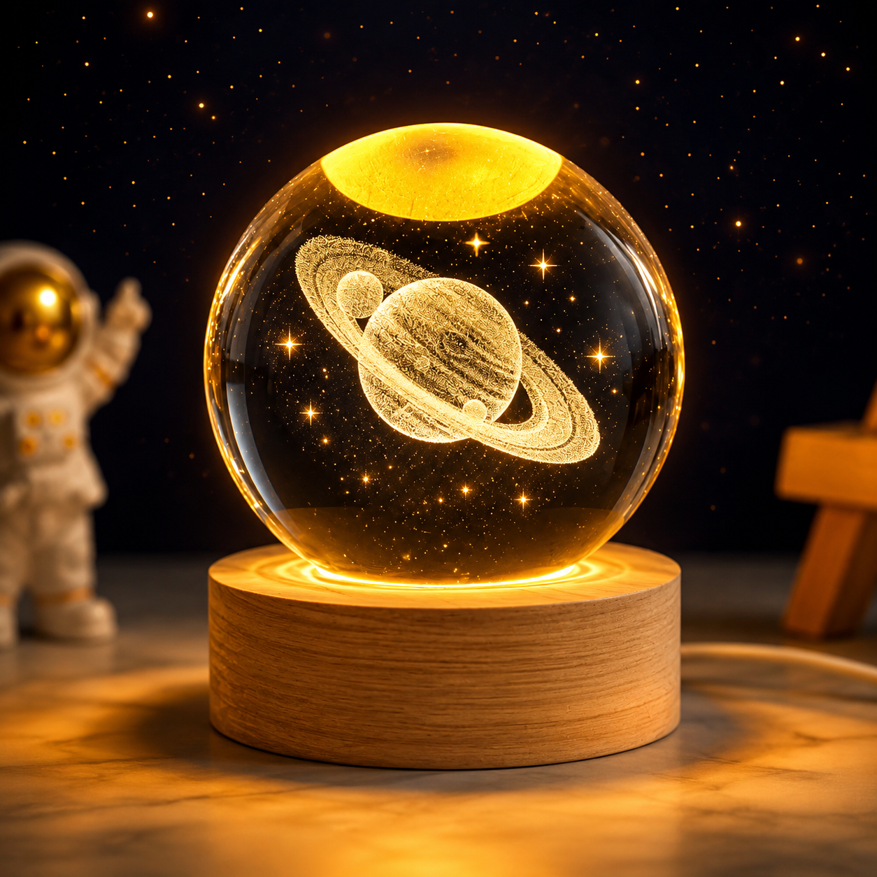 Desidiya 3D Saturn Crystal Ball Night Lamp, Crystal Ball Night Light, Corded Electric Table Colorful LED 2.4 Inch Wooden Base Lamp for Home Decoration Birthday Gift for Teens Boys and Girls