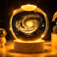 3D Galaxy Crystal Ball Night Lamp | Engraved USB Table LED Wooden Light for Home Office Decoration and Birthday Gift.