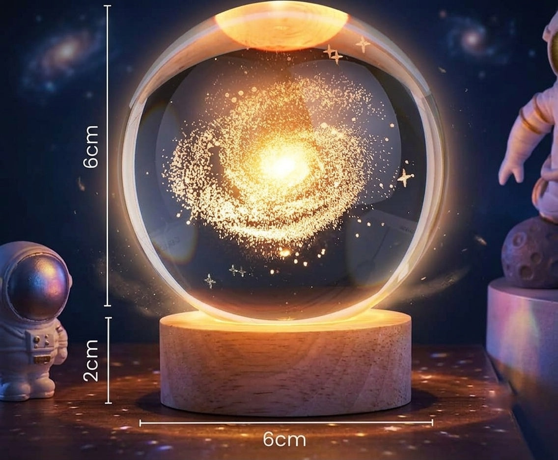 3D Galaxy Crystal Ball Night Lamp | Engraved USB Table LED Wooden Light for Home Office Decoration and Birthday Gift.