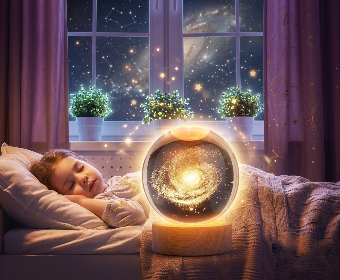 3D Galaxy Crystal Ball Night Lamp | Engraved USB Table LED Wooden Light for Home Office Decoration and Birthday Gift.