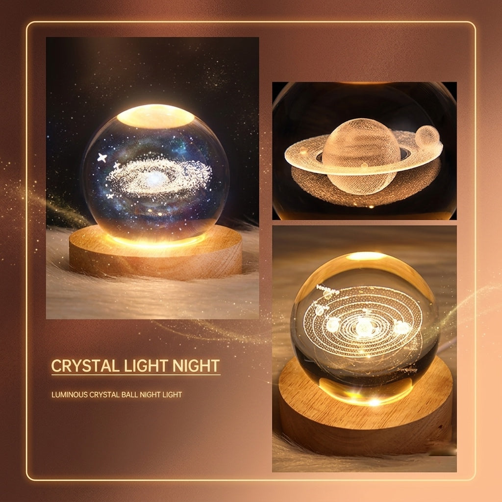 Desidiya 3D Saturn Crystal Ball Night Lamp, Crystal Ball Night Light, Corded Electric Table Colorful LED 2.4 Inch Wooden Base Lamp for Home Decoration Birthday Gift for Teens Boys and Girls