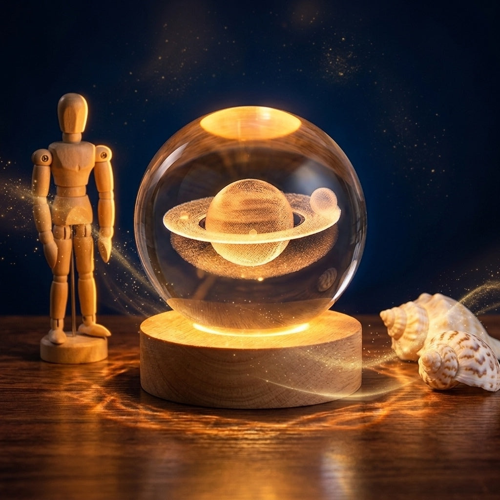 Desidiya 3D Saturn Crystal Ball Night Lamp, Crystal Ball Night Light, Corded Electric Table Colorful LED 2.4 Inch Wooden Base Lamp for Home Decoration Birthday Gift for Teens Boys and Girls