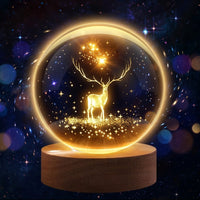 Desidiya Deer 3D Crystal Ball Night Light with Wooden Base - LED USB Table Lamp for Kids,
