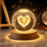 3D Love-Heart Crystal Ball Night Light, Creative Engraved LED Glass Ball Table Lamp with USB & Wooden Base