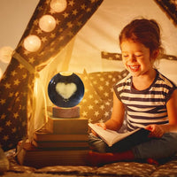 3D Love-Heart Crystal Ball Night Light, Creative Engraved LED Glass Ball Table Lamp with USB & Wooden Base