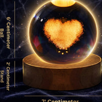 3D Love-Heart Crystal Ball Night Light, Creative Engraved LED Glass Ball Table Lamp with USB & Wooden Base