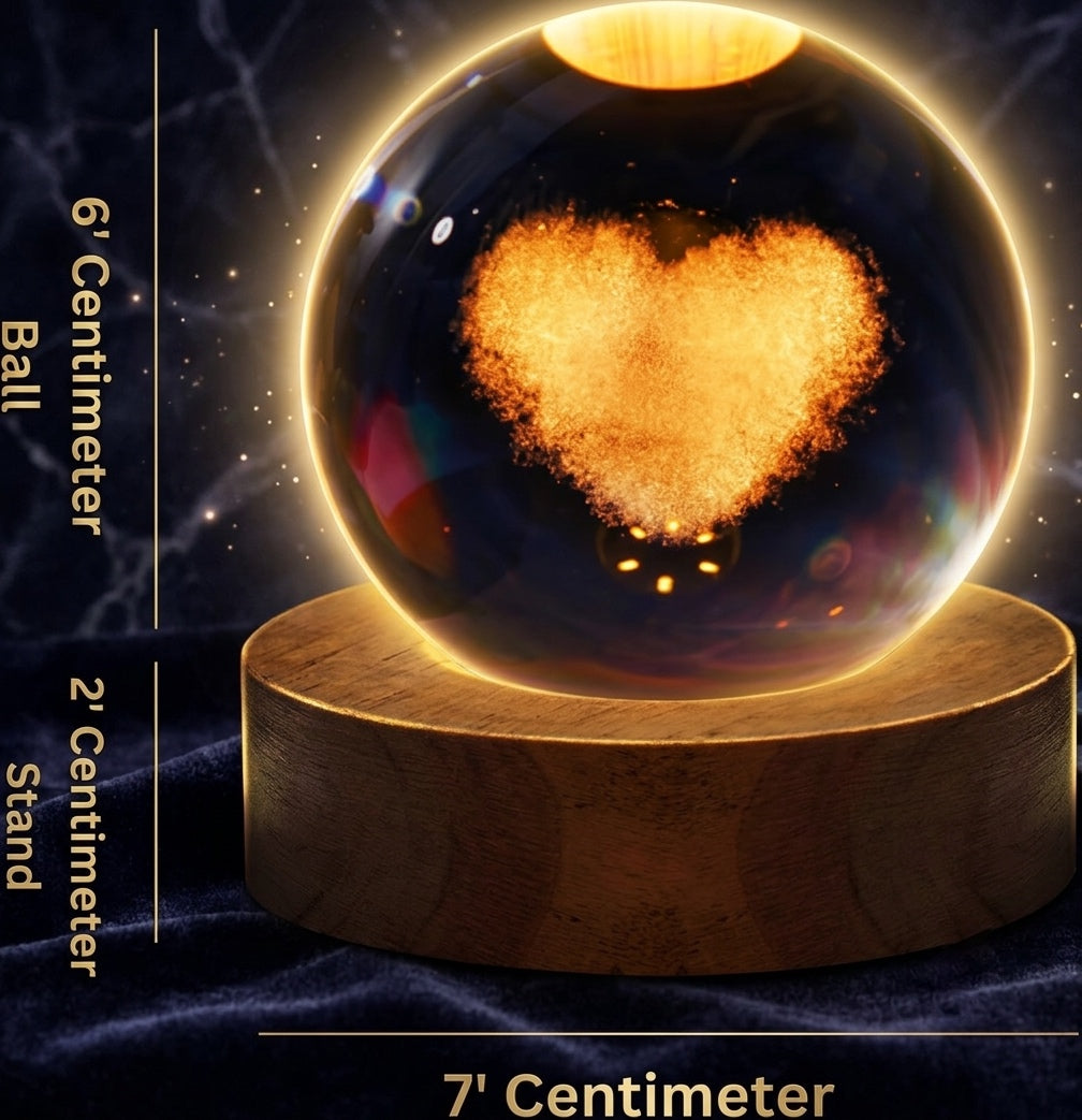 3D Love-Heart Crystal Ball Night Light, Creative Engraved LED Glass Ball Table Lamp with USB & Wooden Base