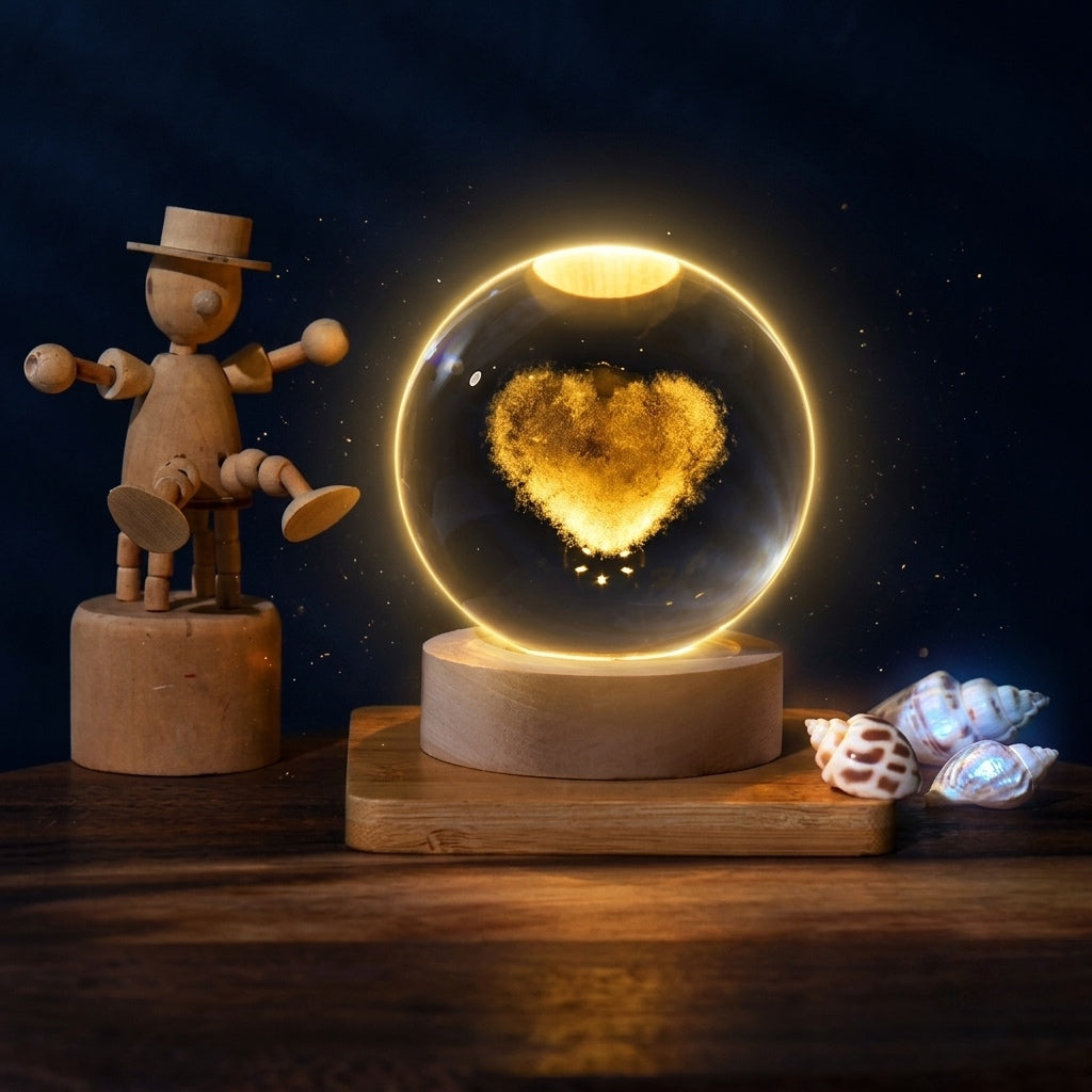 3D Love-Heart Crystal Ball Night Light, Creative Engraved LED Glass Ball Table Lamp with USB & Wooden Base