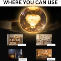 3D Love-Heart Crystal Ball Night Light, Creative Engraved LED Glass Ball Table Lamp with USB & Wooden Base