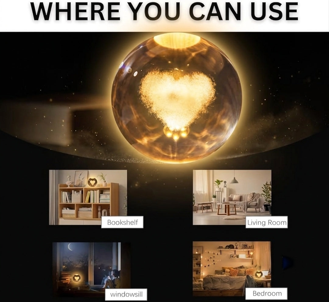 3D Love-Heart Crystal Ball Night Light, Creative Engraved LED Glass Ball Table Lamp with USB & Wooden Base